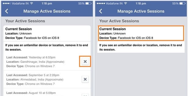 Remove or logout active facebook login session