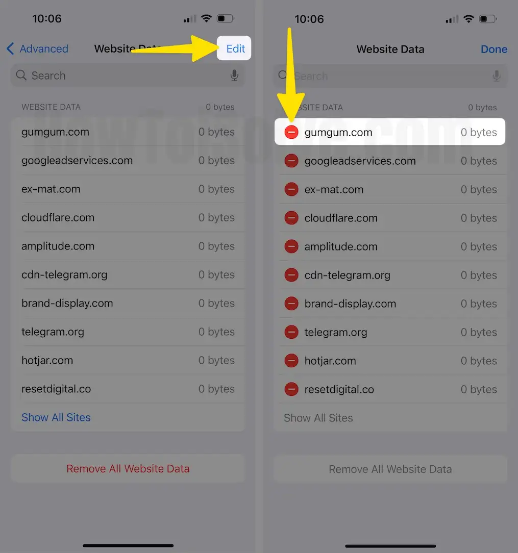 Tap on Edit Select – Minus Icon next to the desired website on iPhone