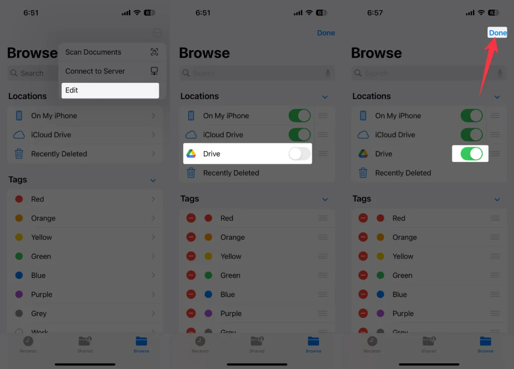 Enable Drive app in apple files app on iPhone