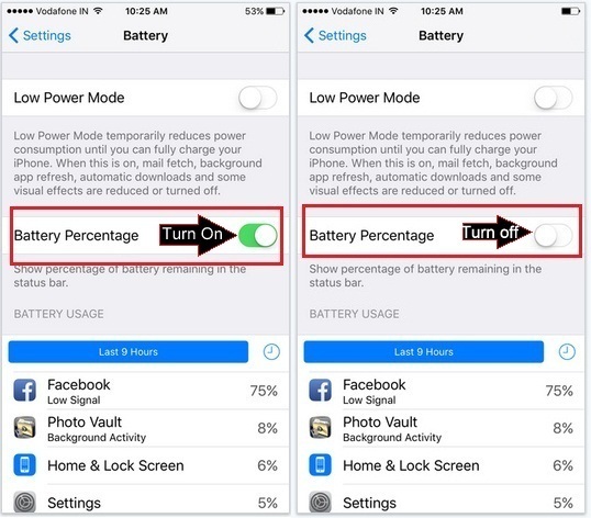 how to turn off battery percentage on iPhone, iPad: iOS 9 or get Enable or Turn on Battery percentage in iOS 9