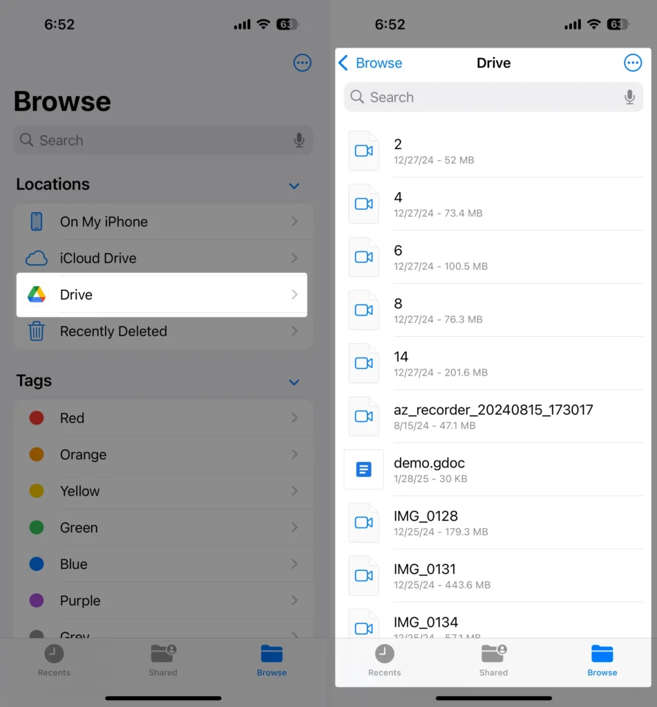Open Drive app in Files App on iPhone