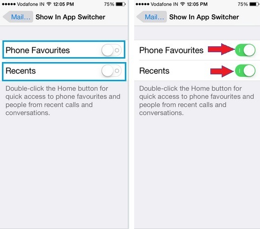 how to turn on recent and favorite contacts on iPhone App switcher on iOS 9, iOS 8
