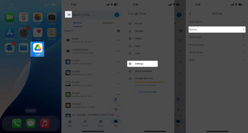 setting screen on how to take back up in google drive on iPhone