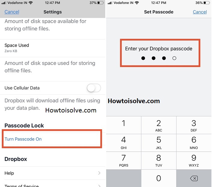 tap turn on password and enter four digit password for Dropbox
