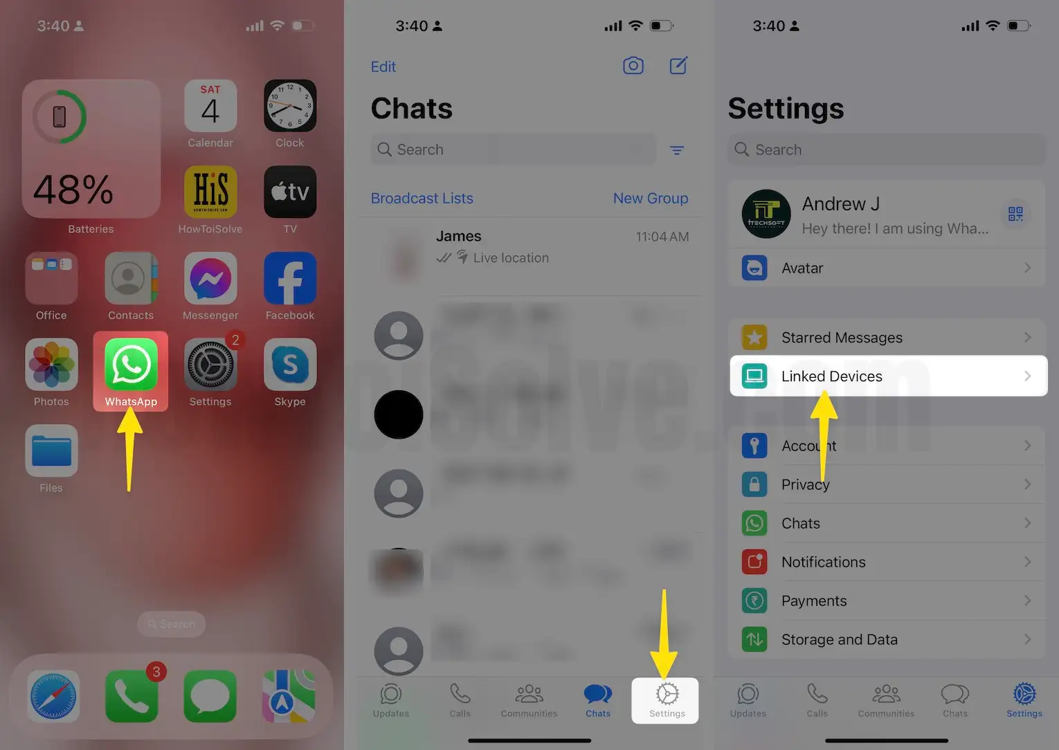 Launch the whatsapp tap on settings then select Linked Devices on iPhone