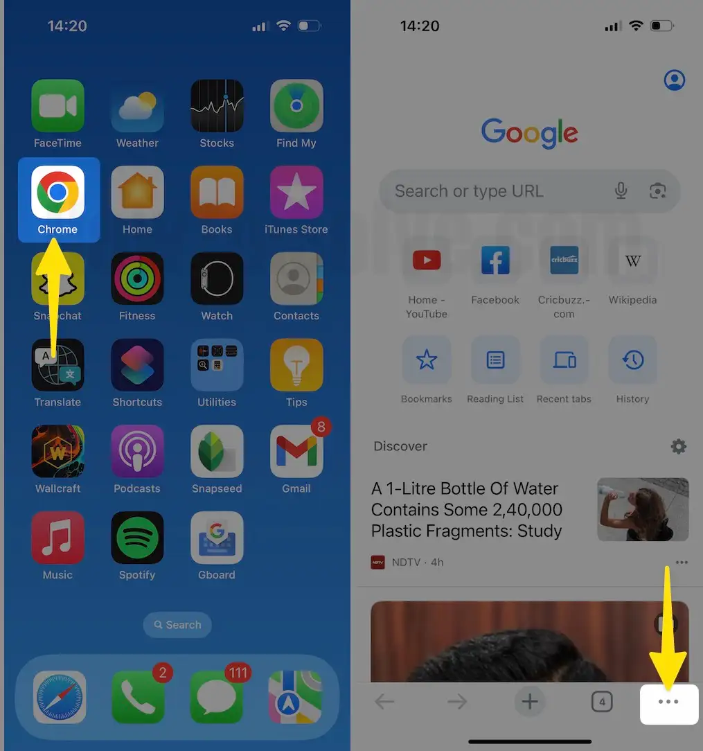 Open Google Chrome Select More icon on iPhone