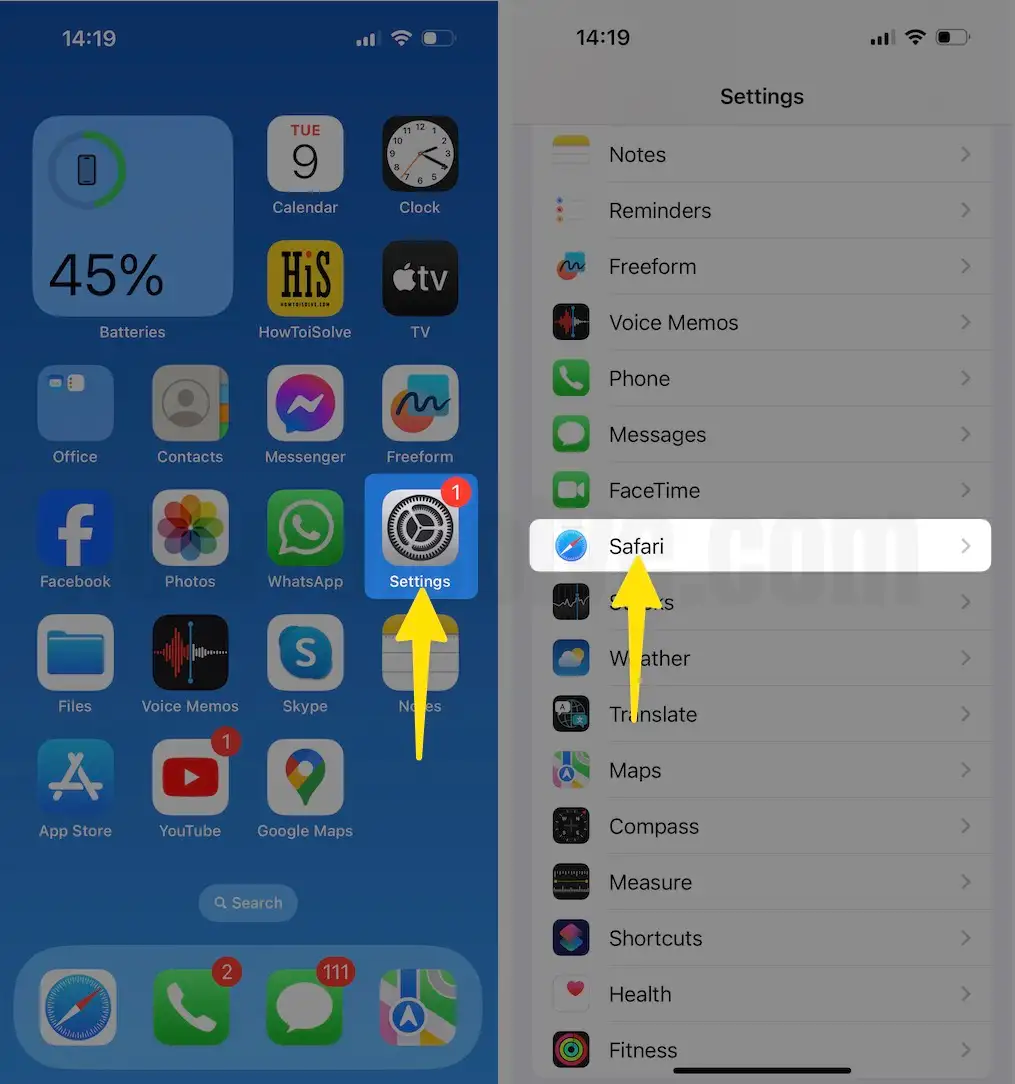 Open Settings Select Safari on iPhone