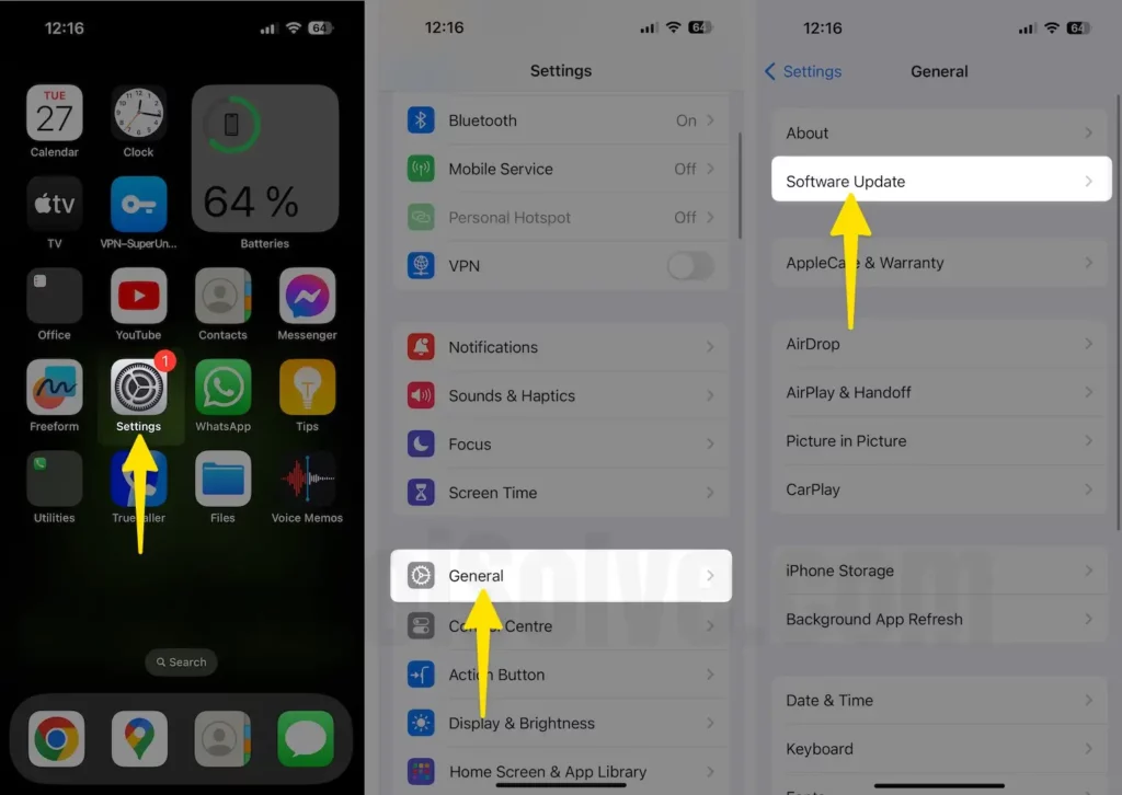 Open settings app tap general tab click software update on iPhone