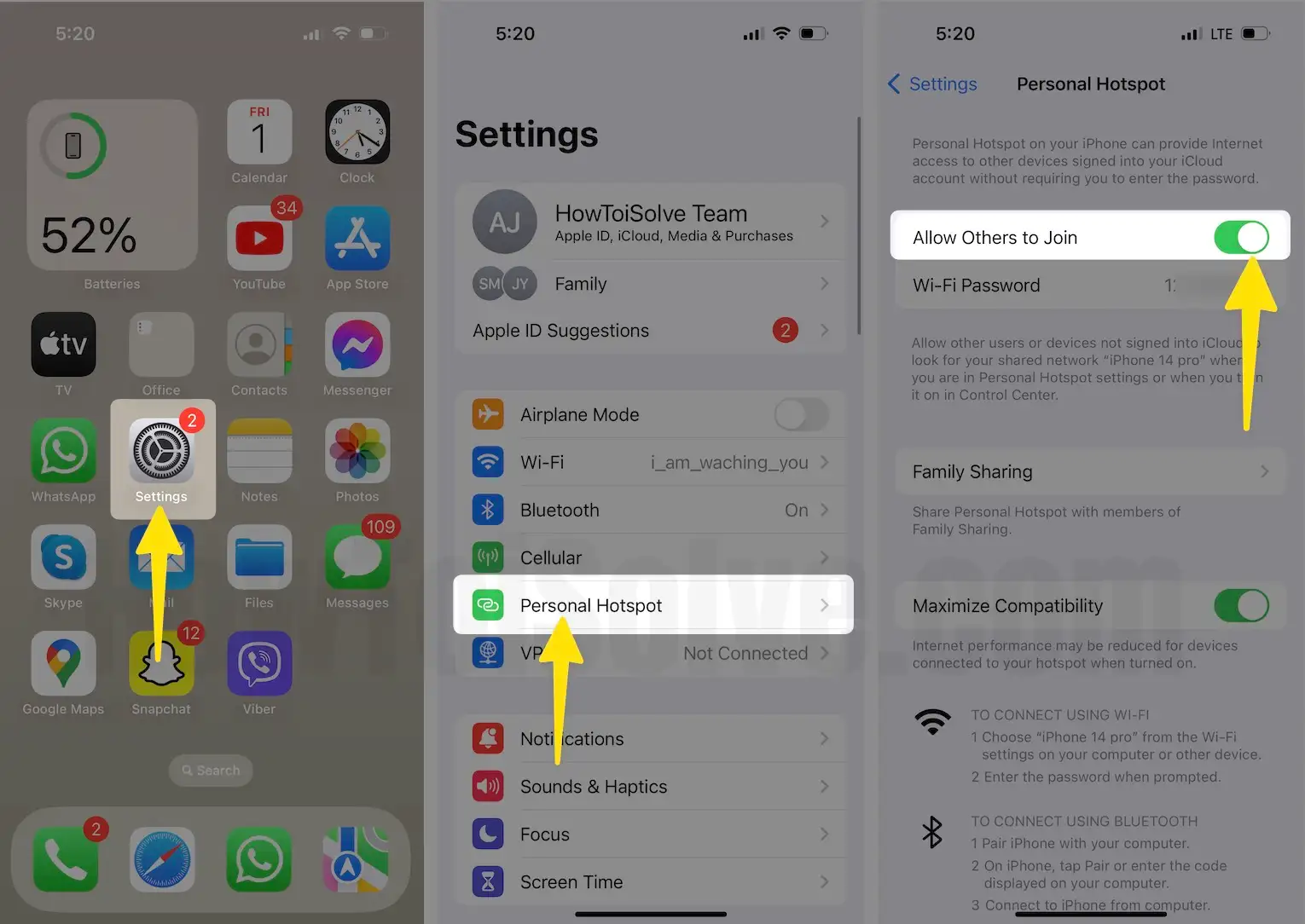 Open settings app tap personal hotspot turn on Allow Others to Join on iPhone