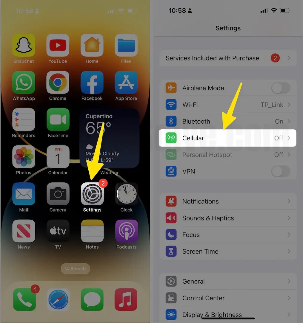 Open the settings tap cellular on iPhone