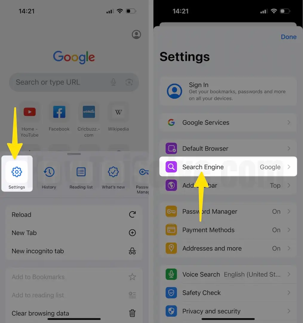 Click on Settings Select Search Engine on iPhone