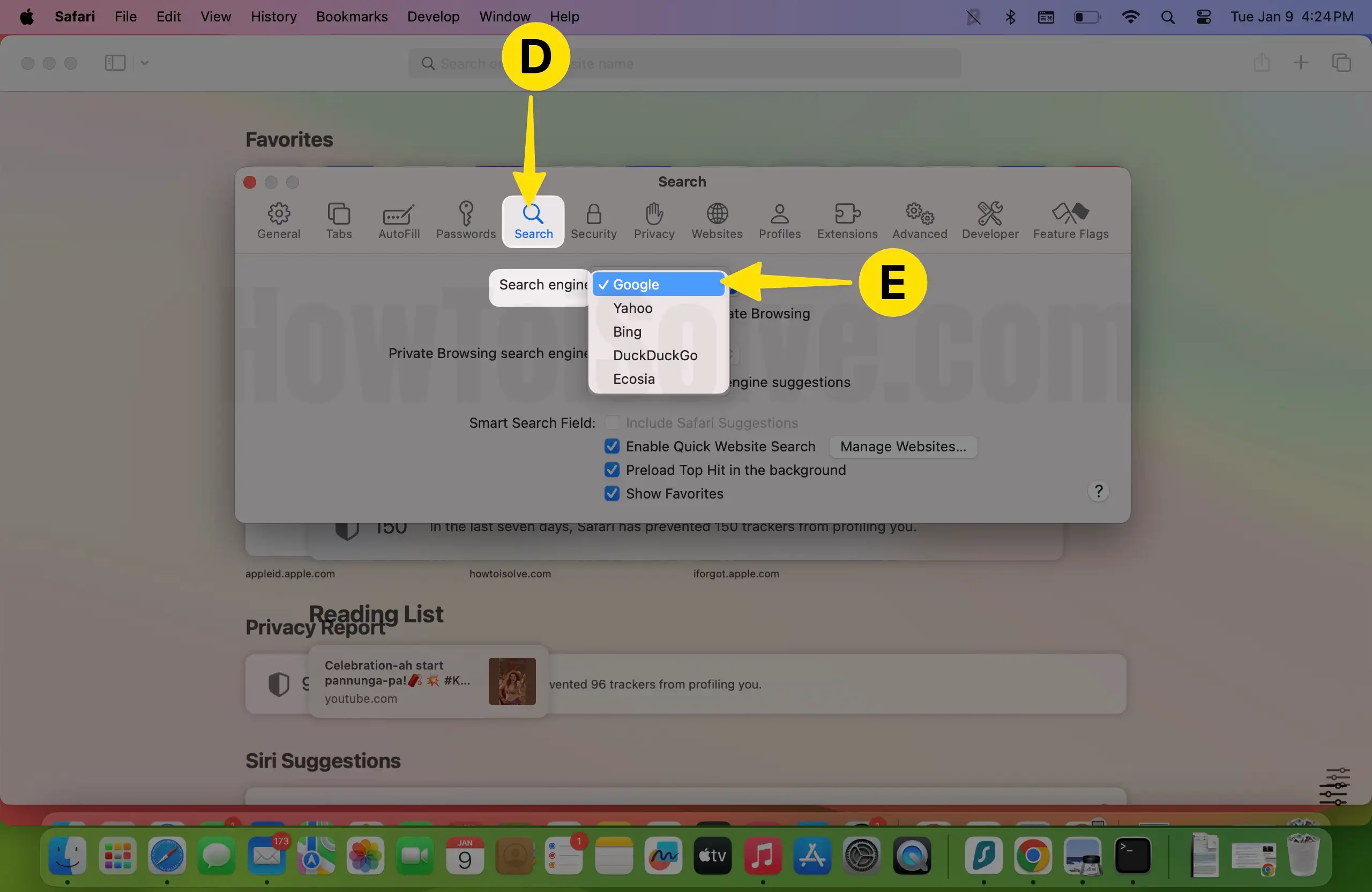 Select Search Tab Choose Google as Search Engine on Mac