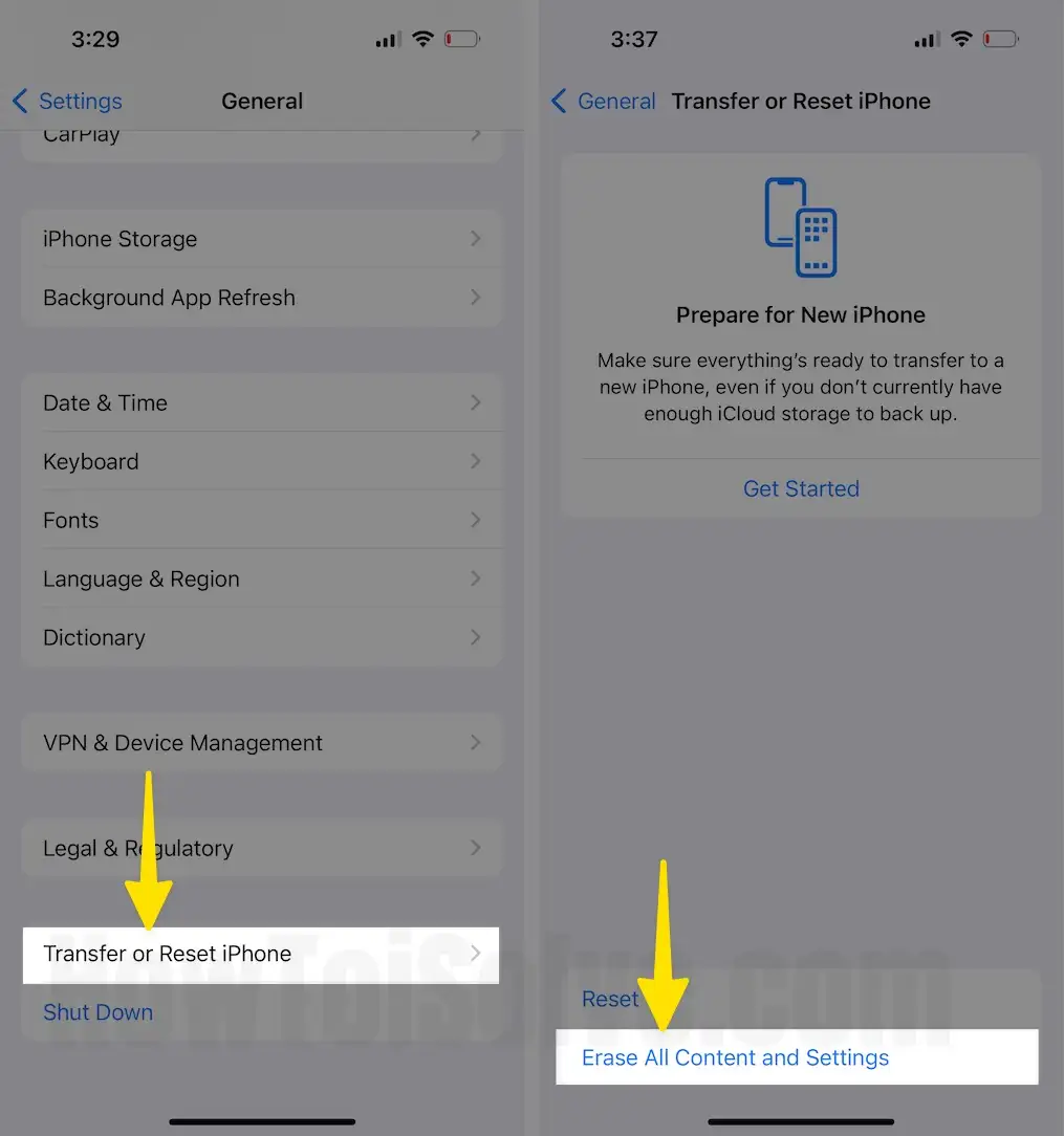 Tap on Transfer or Reset Select Erase All Content and Settings on iPhone