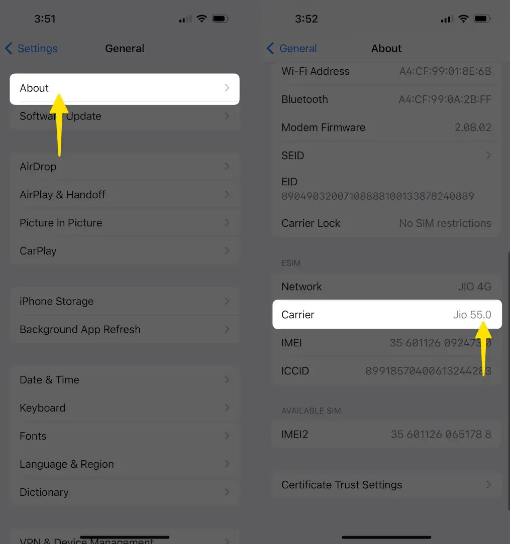 next, select about tap carrier details on iPhone