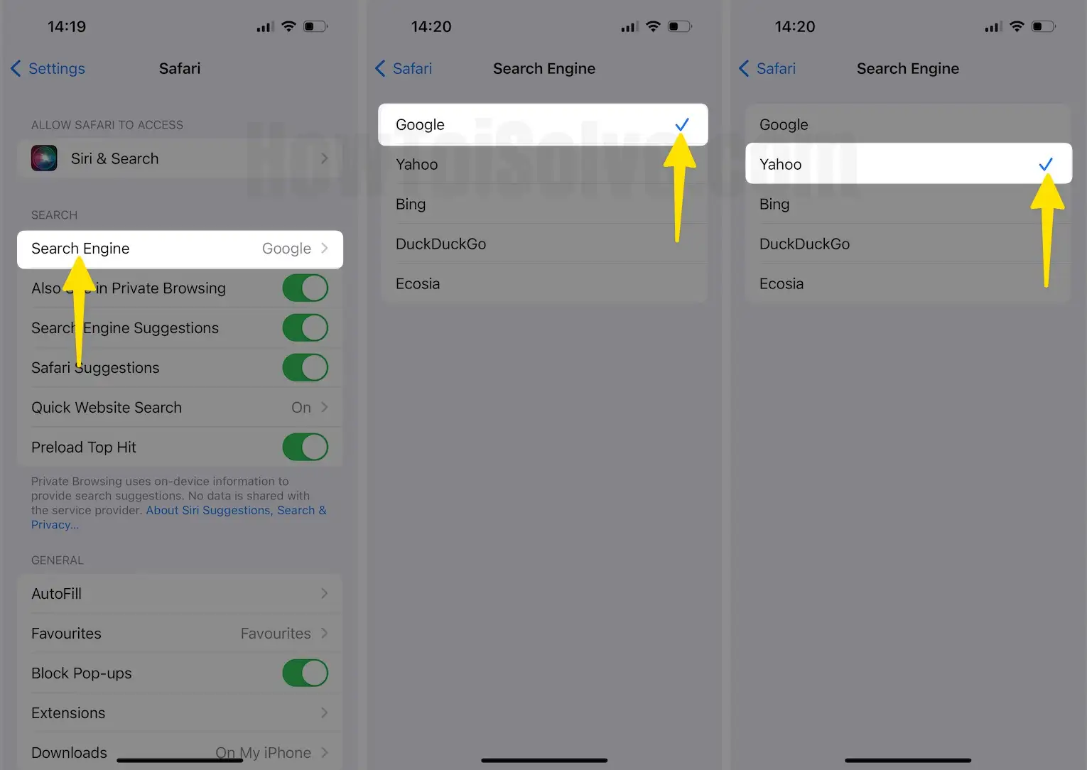 Tap on Search Engine as Google Choose Desired Search Engine on iPhone