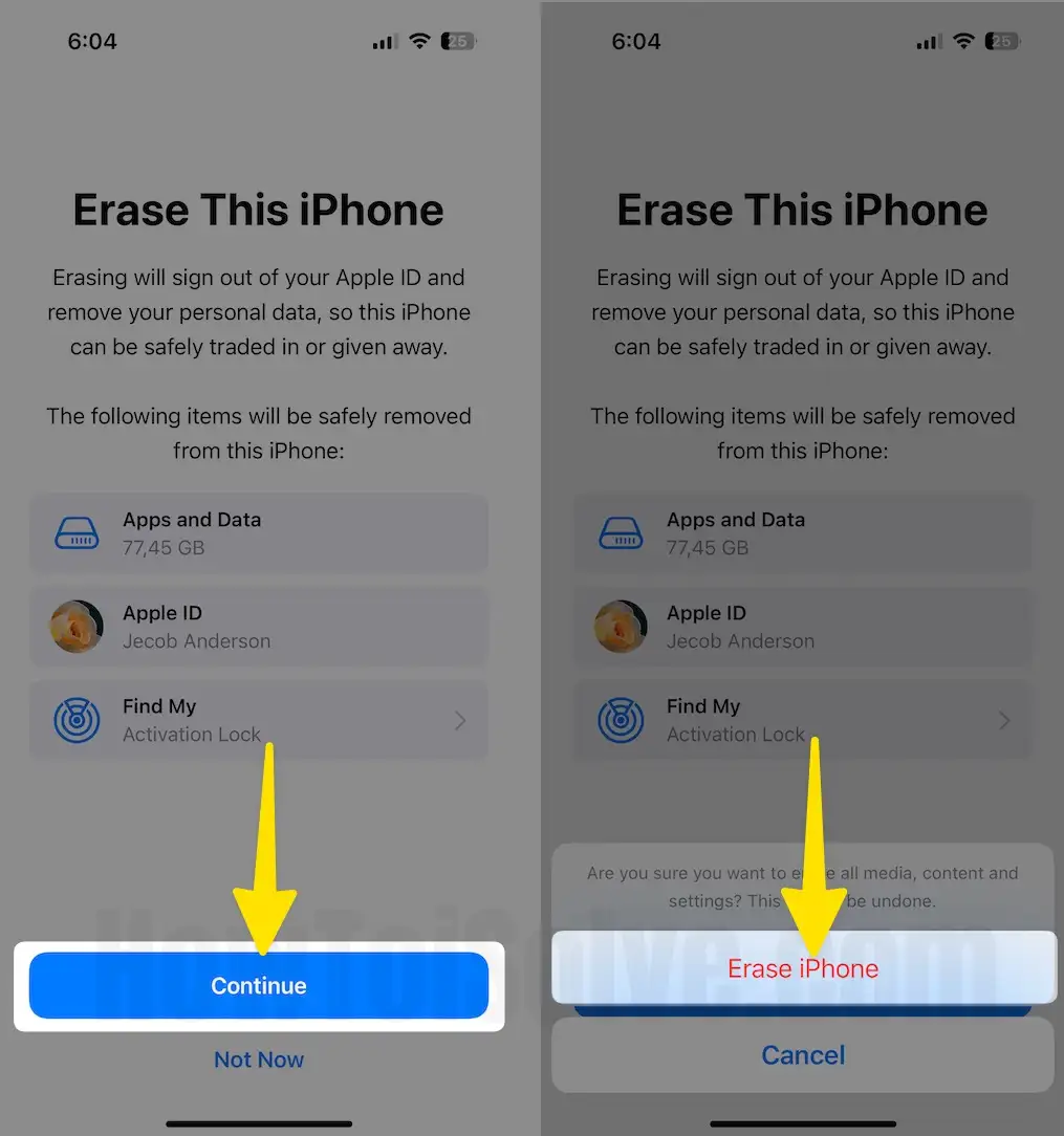 Click on continue choose erase iPhone