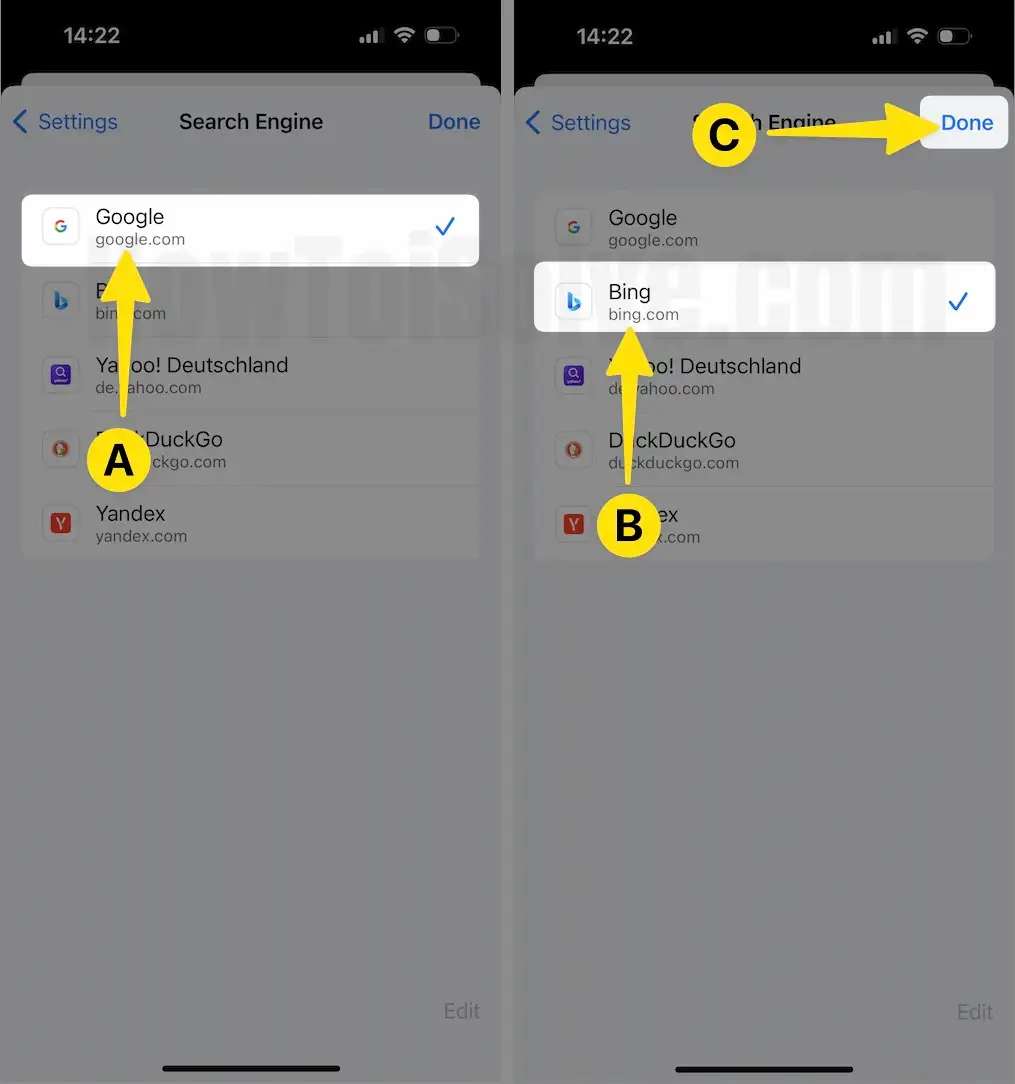 Google as Search Engine Choose Desired Search Engine Tap on Done on iPhone