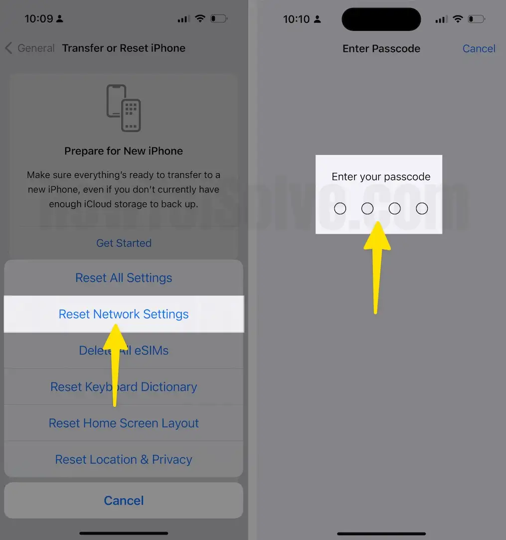 Tap Reset Network Settings Enter Passcode on iPhone