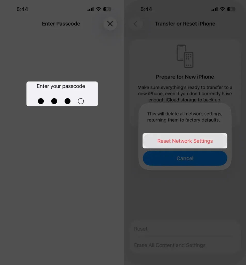 Enter passcode to confirm Reset Network Settings on iPhone