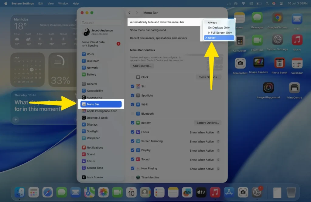 Show menu bar in Full Screen MacBook