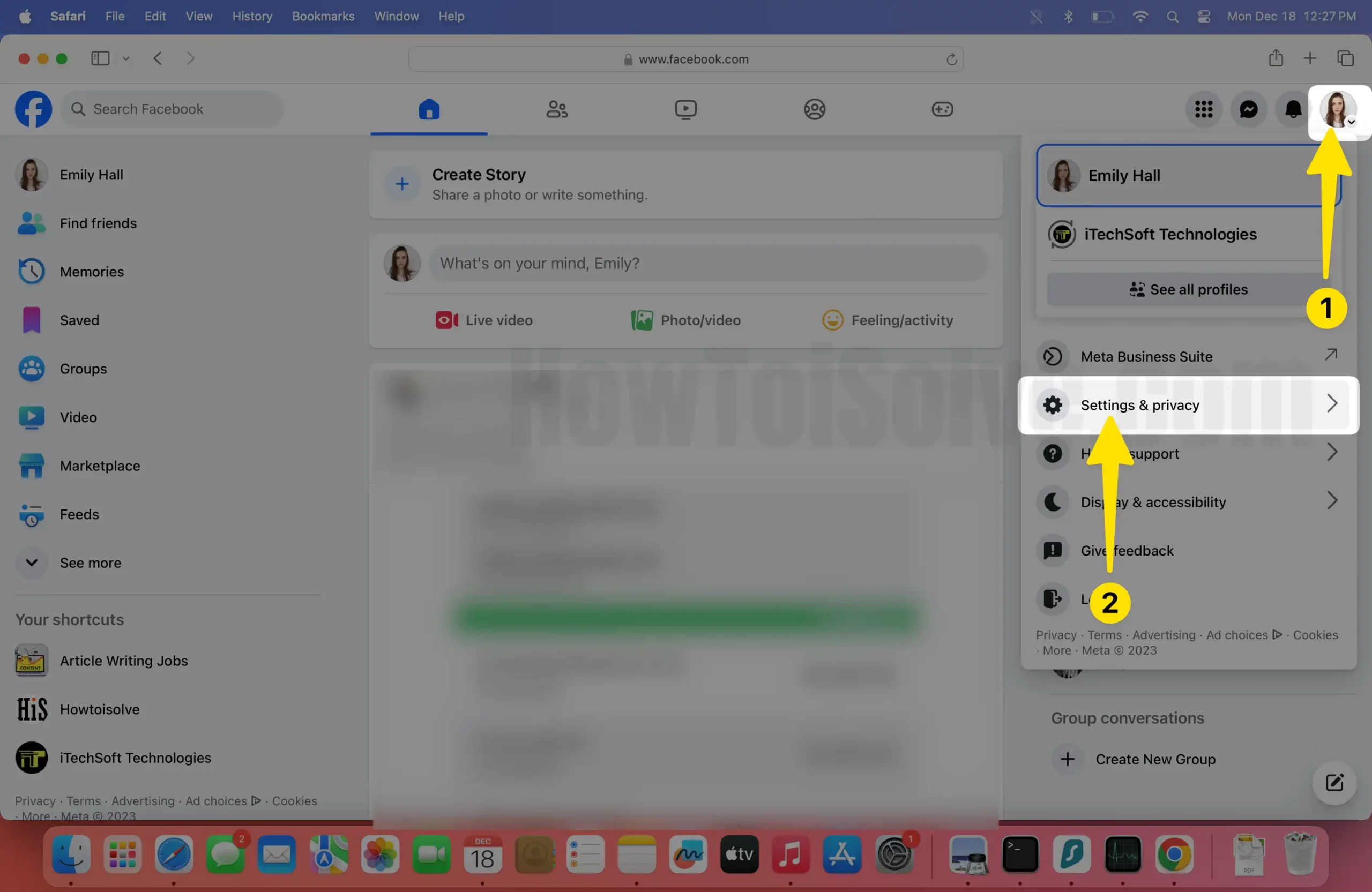Open Facebook click profile icon then settings & privacy on mac