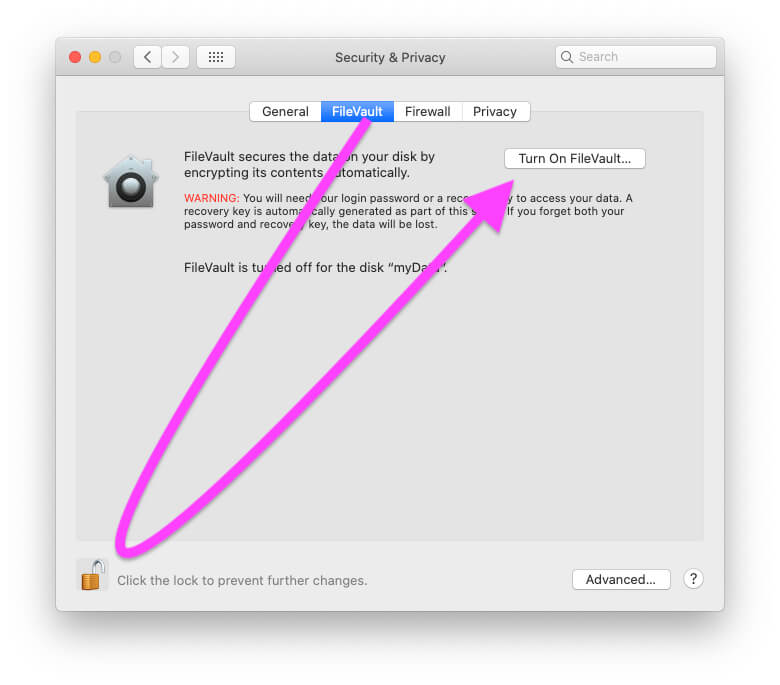 Filevault Settings on Mac System Preferences