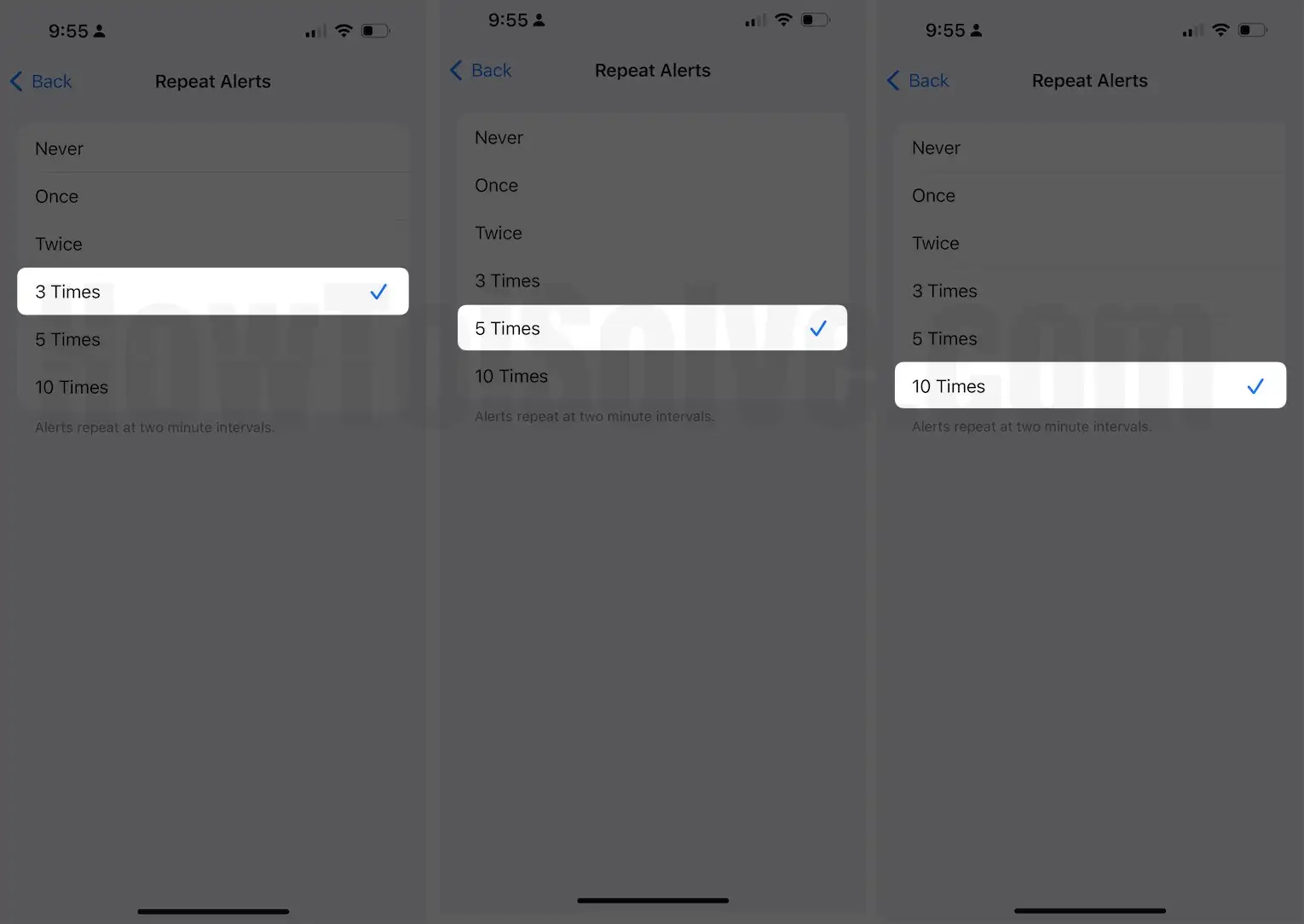Select 3,5,10 Times Repeat Alert In Settings On iPhone