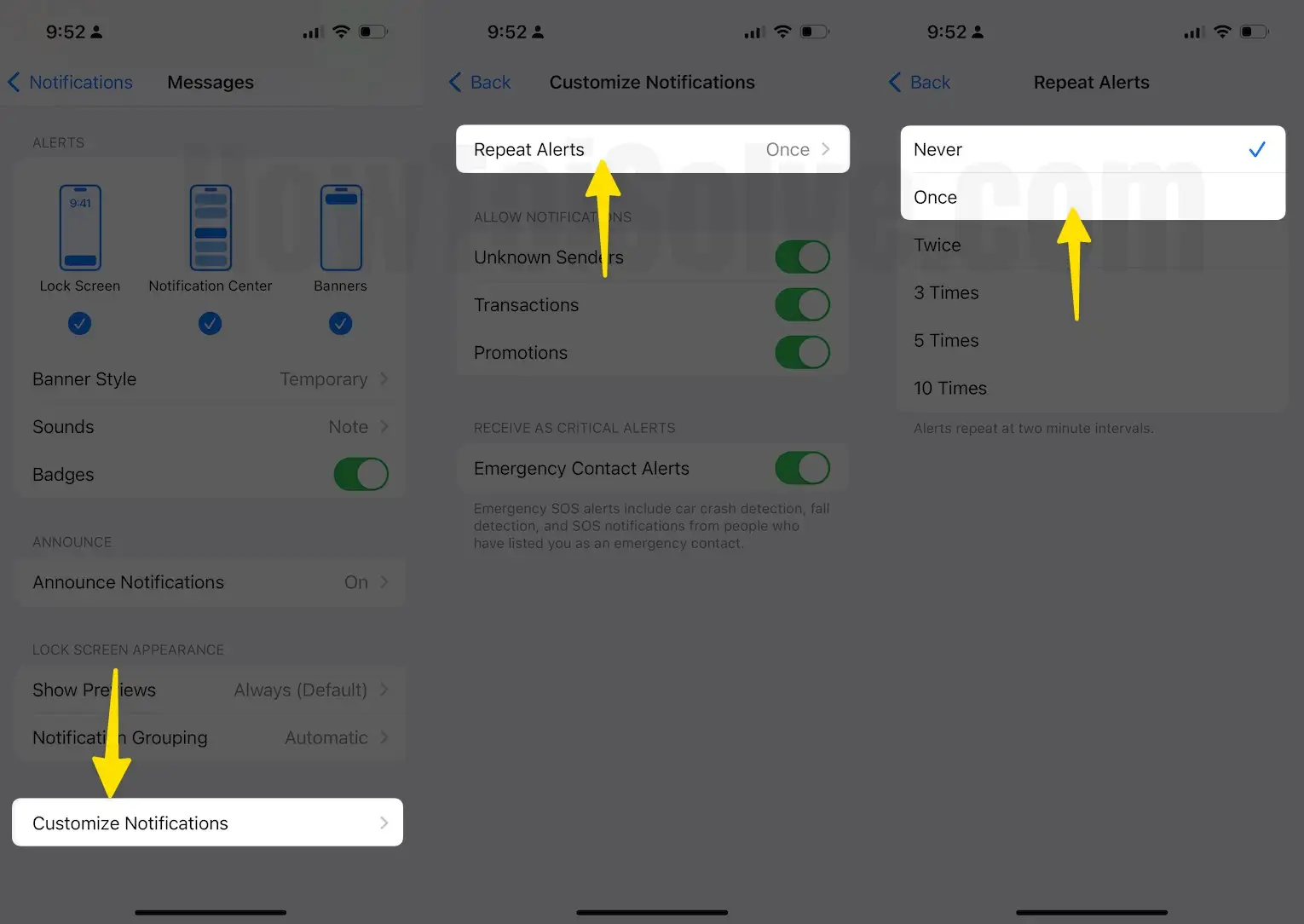 Choose Never Repeat Alerts Tab In Setting On iPhone