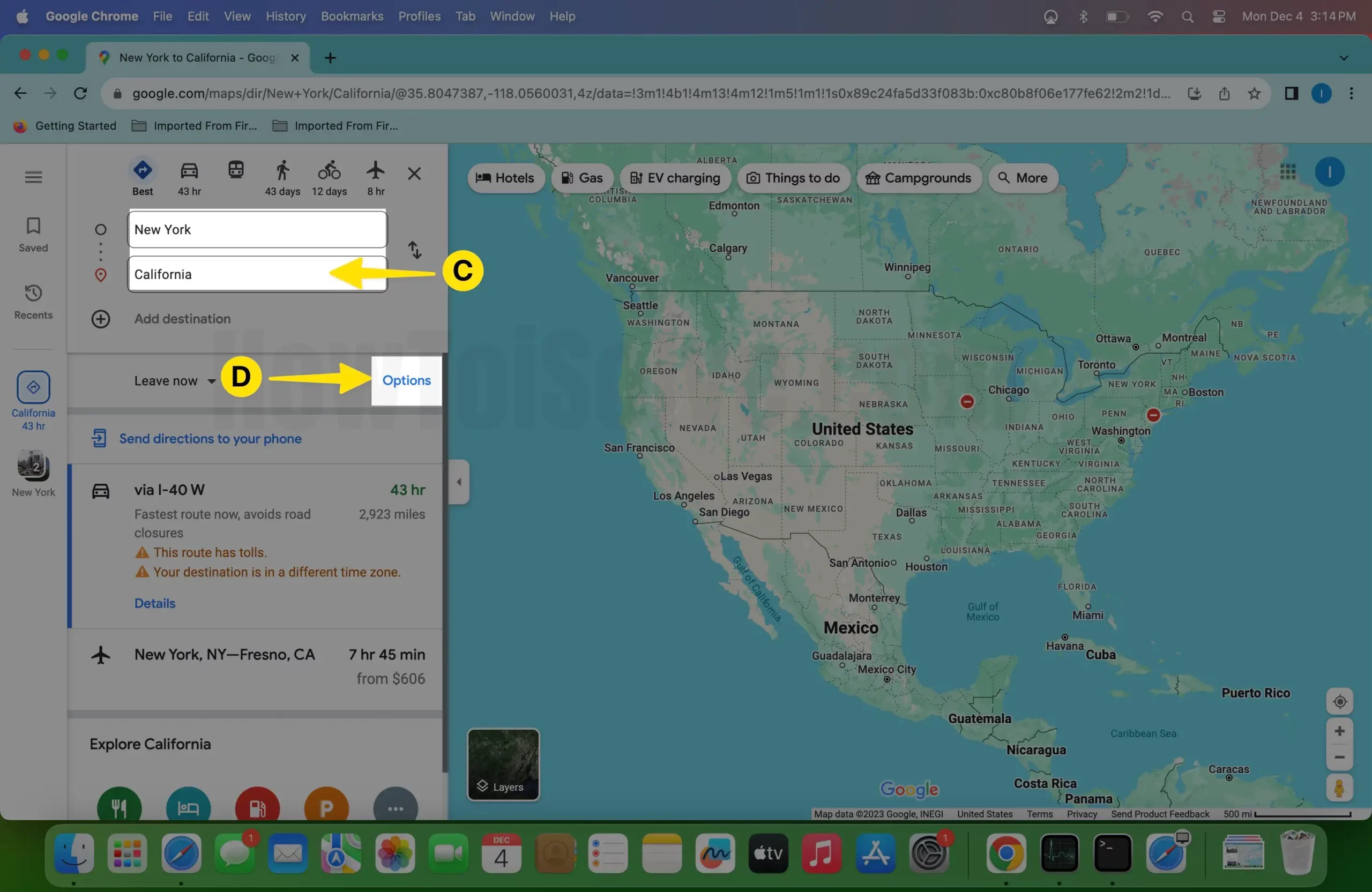Choose to Search Destination Tap on Options on Mac
