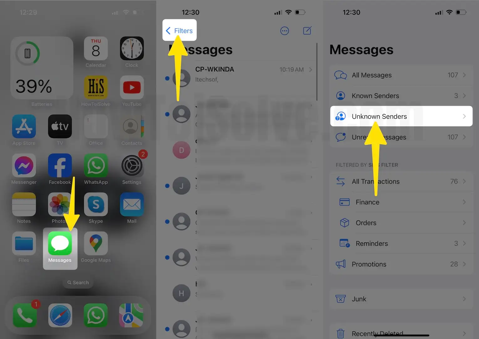 Open messages app tap < filters select unknown senders on iPhone