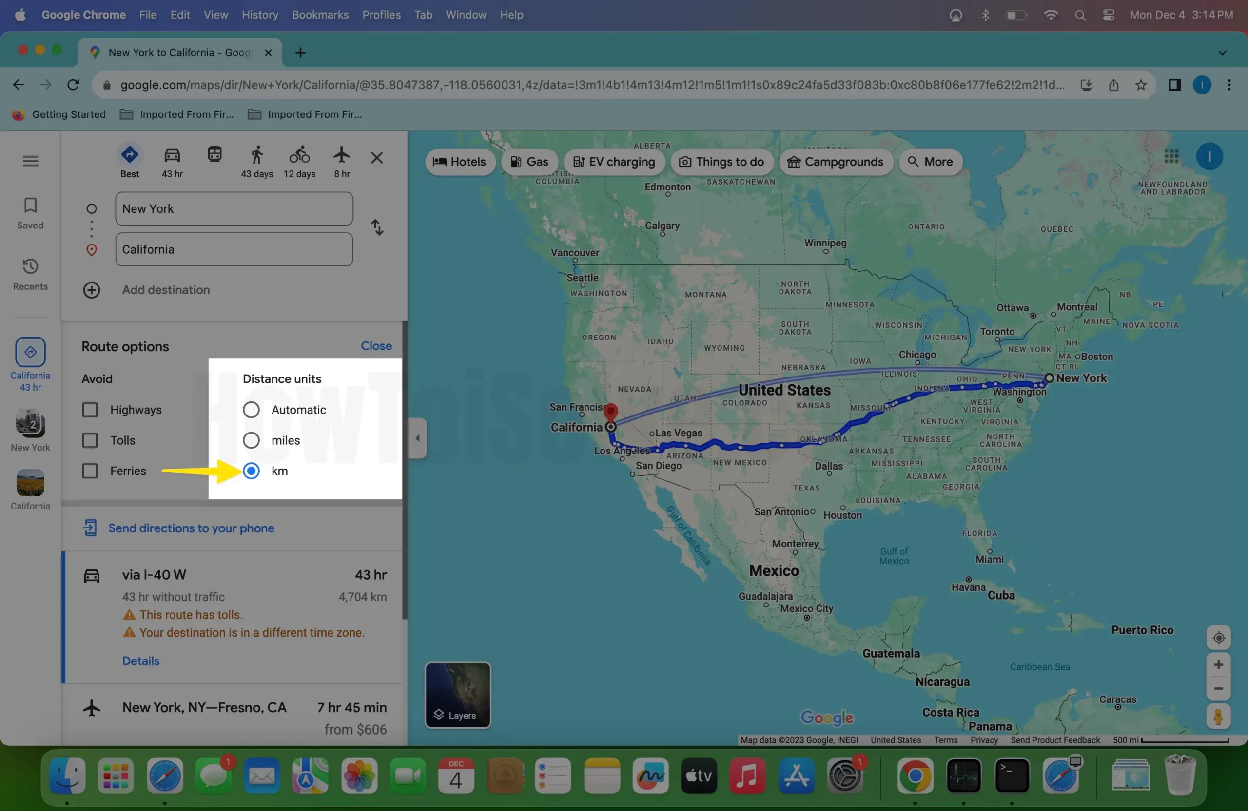 Switch Between Miles to KM in Google Map on Mac