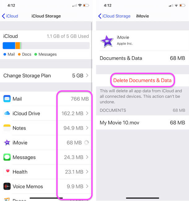 Delete or Remove Data from icloud by app on iPhone and iPad settings