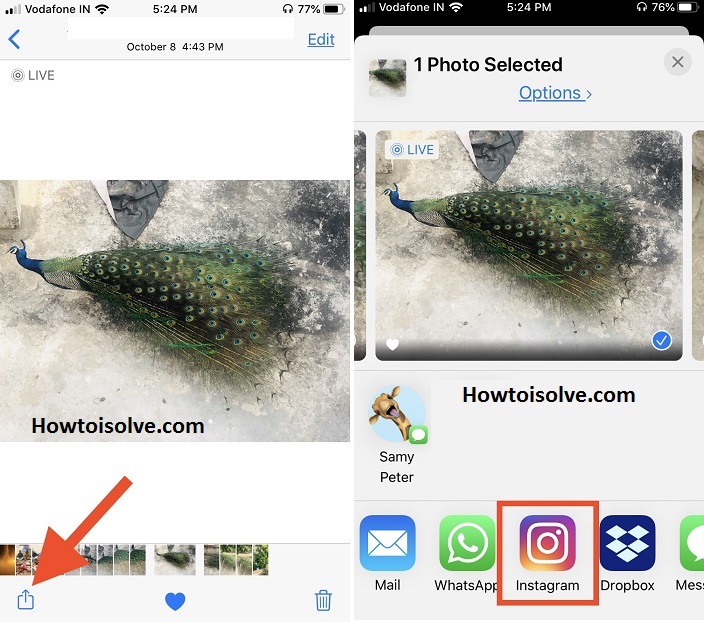 Tap share button and tap Instagram app to post a live photo on Instagram from Apple iPhone