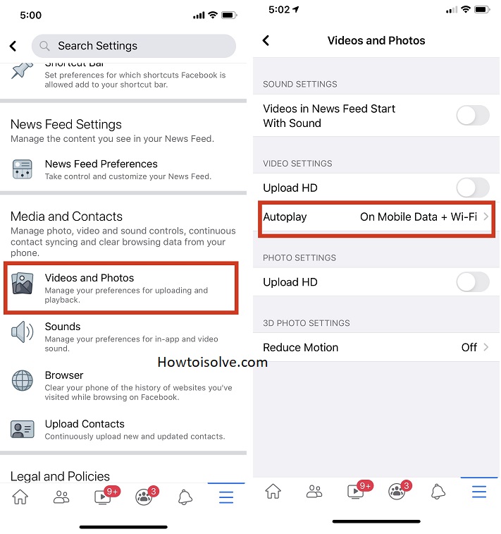 tap on videos and photos in settings of facebook app ios android next choose auto play to turn off auto play video off