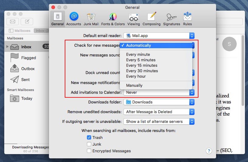 изменить автоматическое время получения новой почты в Mac OS X EI Capitan, Yosemite