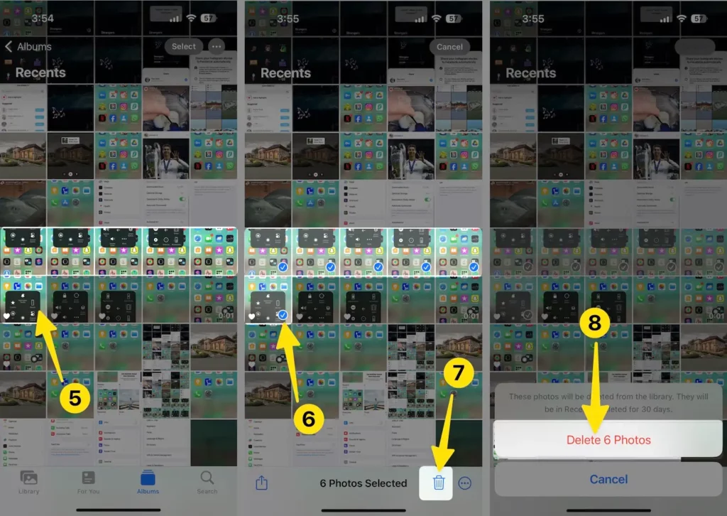 Select Photos tap on delete icon choose delete 6 Photos on iPhone