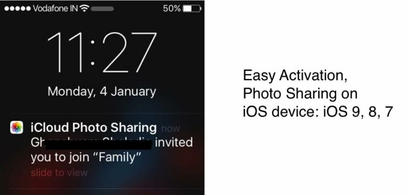 turn on photo sharing on iPhone running on iOS 9 or 8
