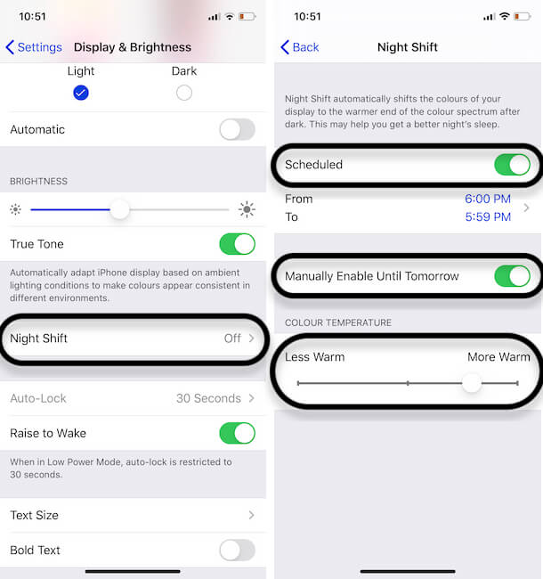 Enable Night Shift Settings and Set Schedule, Color Temperature and War level
