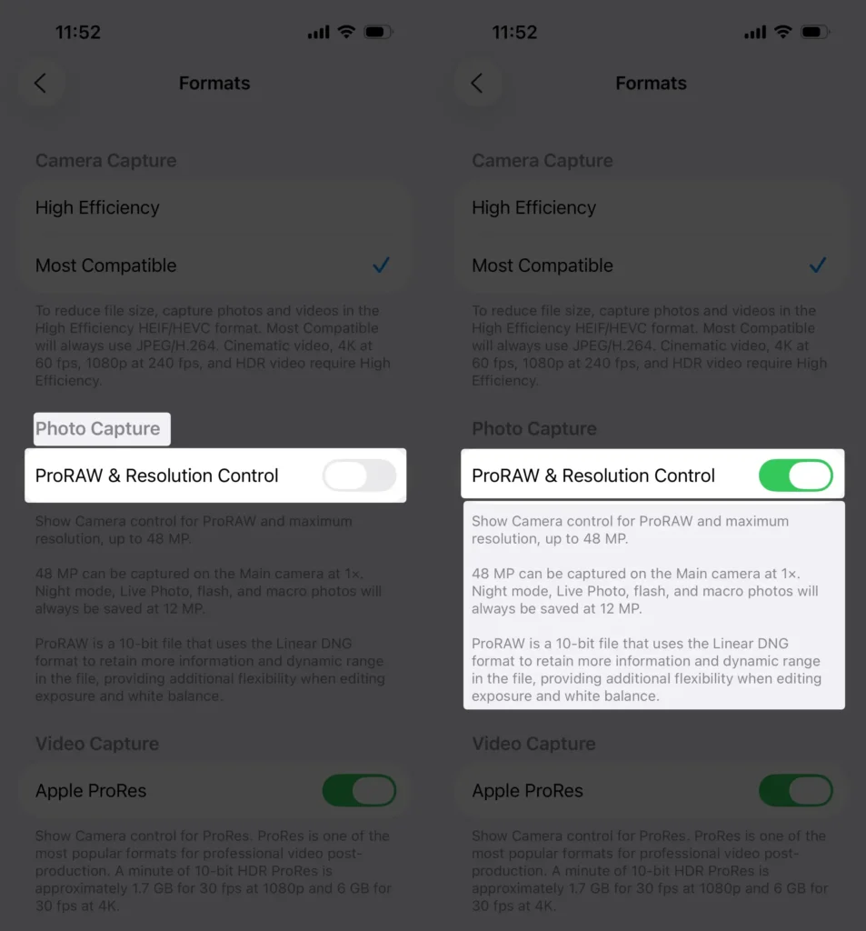 how to enable ProRAW & Resolution Control on iPhone to take 48mp picture