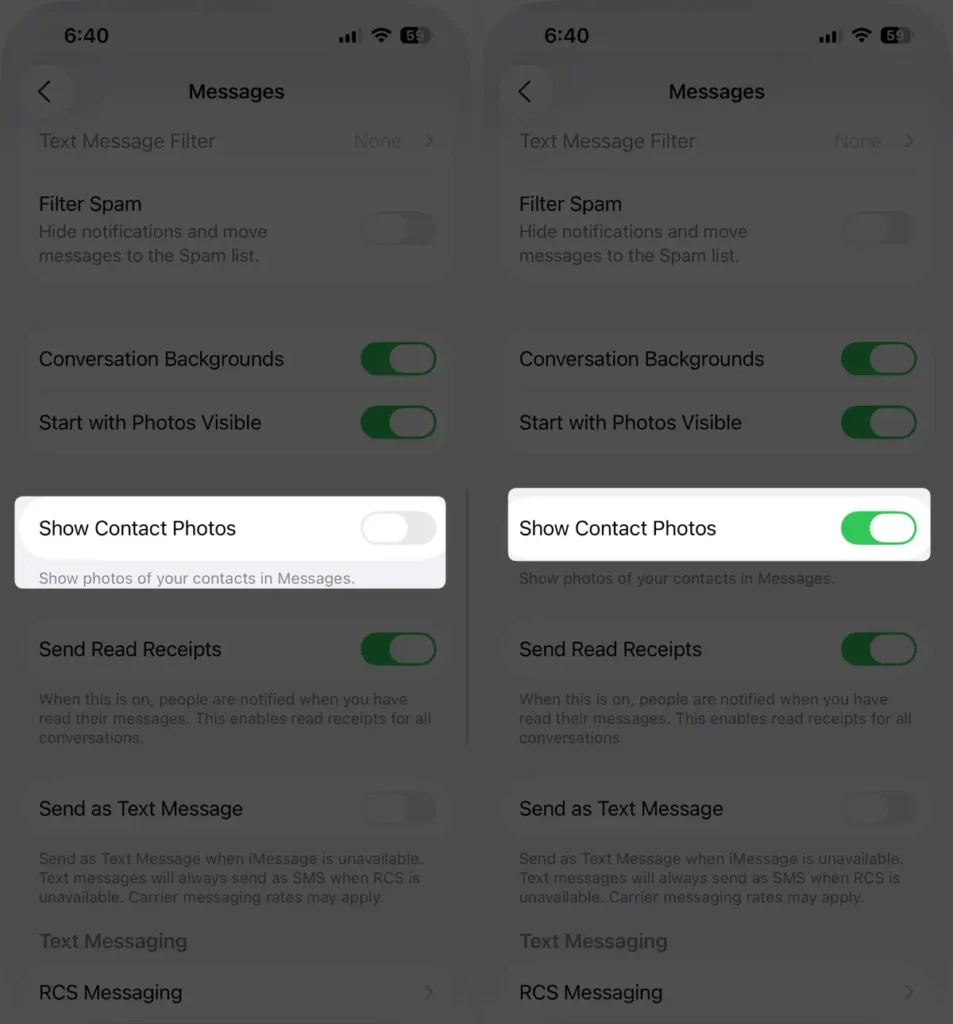 how to enable Show Contact Photos on iPhone message app settings