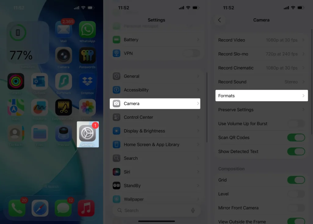 open camera setting on iPhone to change formates