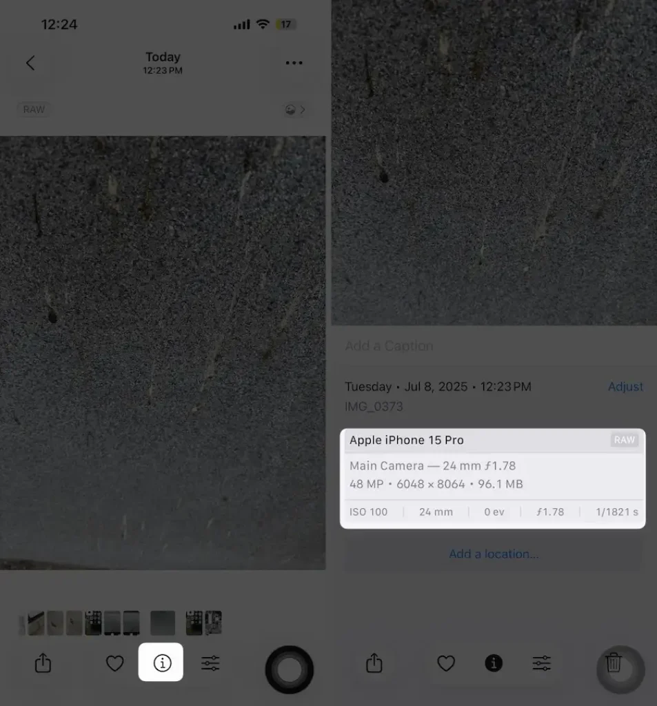 tap on the info button to check a picture details on iPhone photos app
