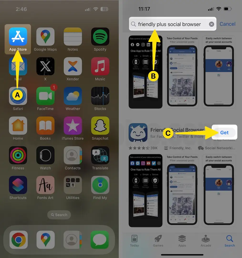 Open App Store App Search Friendly Social Browser App Tap on Get next to it on iPhone