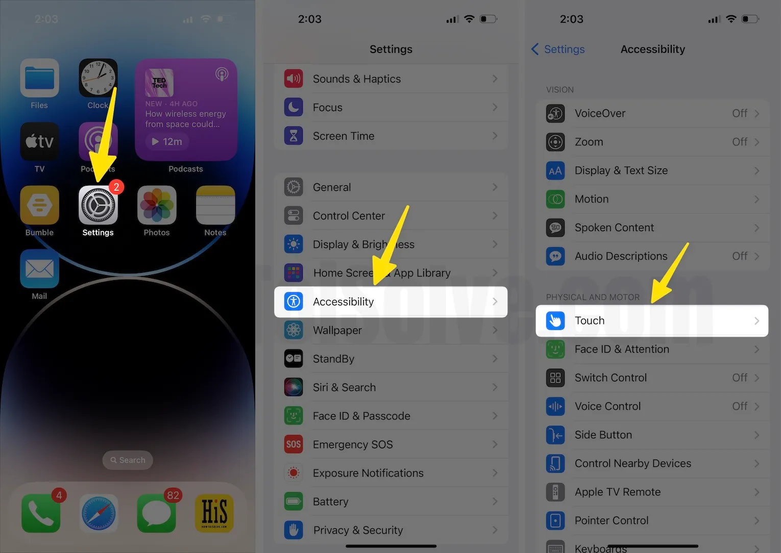 Open settings app scroll accessibility tap touch on iphone