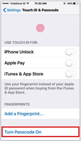 Turn on passcode on iOS device