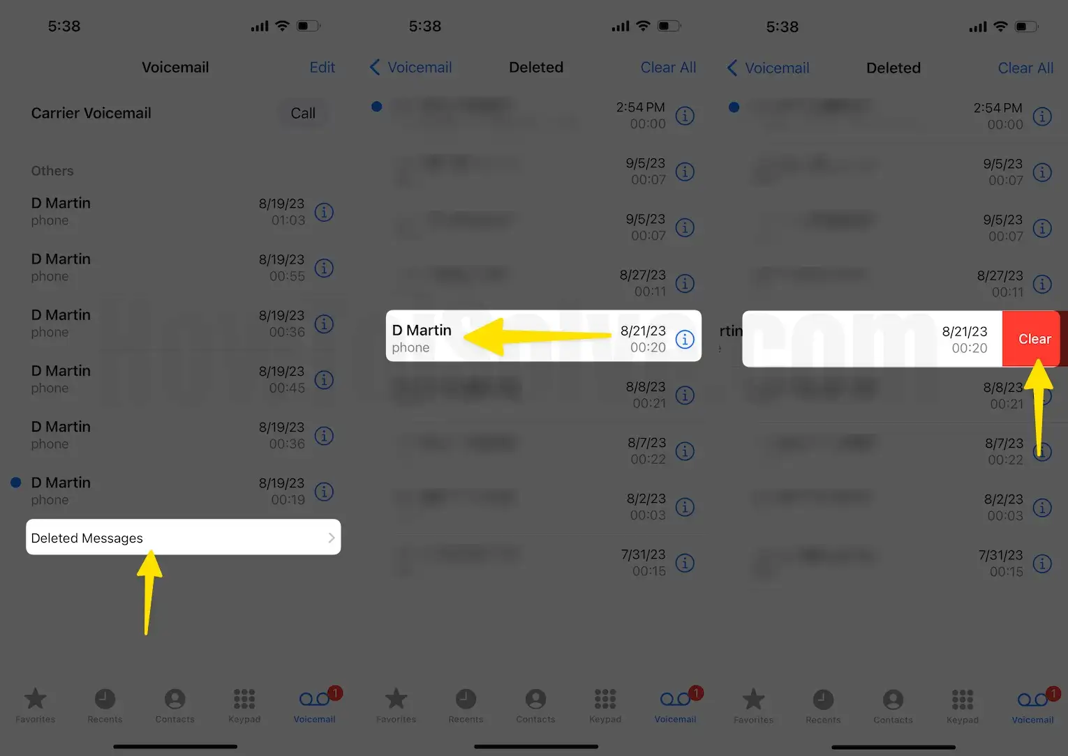 Click on deleted messages tap voicemail choose clear on iPhone
