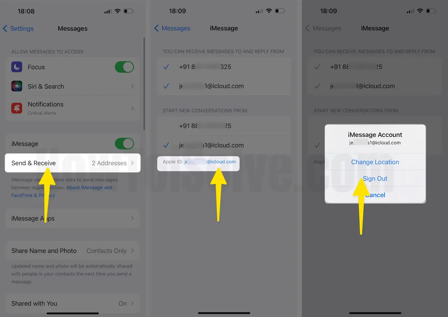 Click send & receive tap apple id choose sign out on iPhone