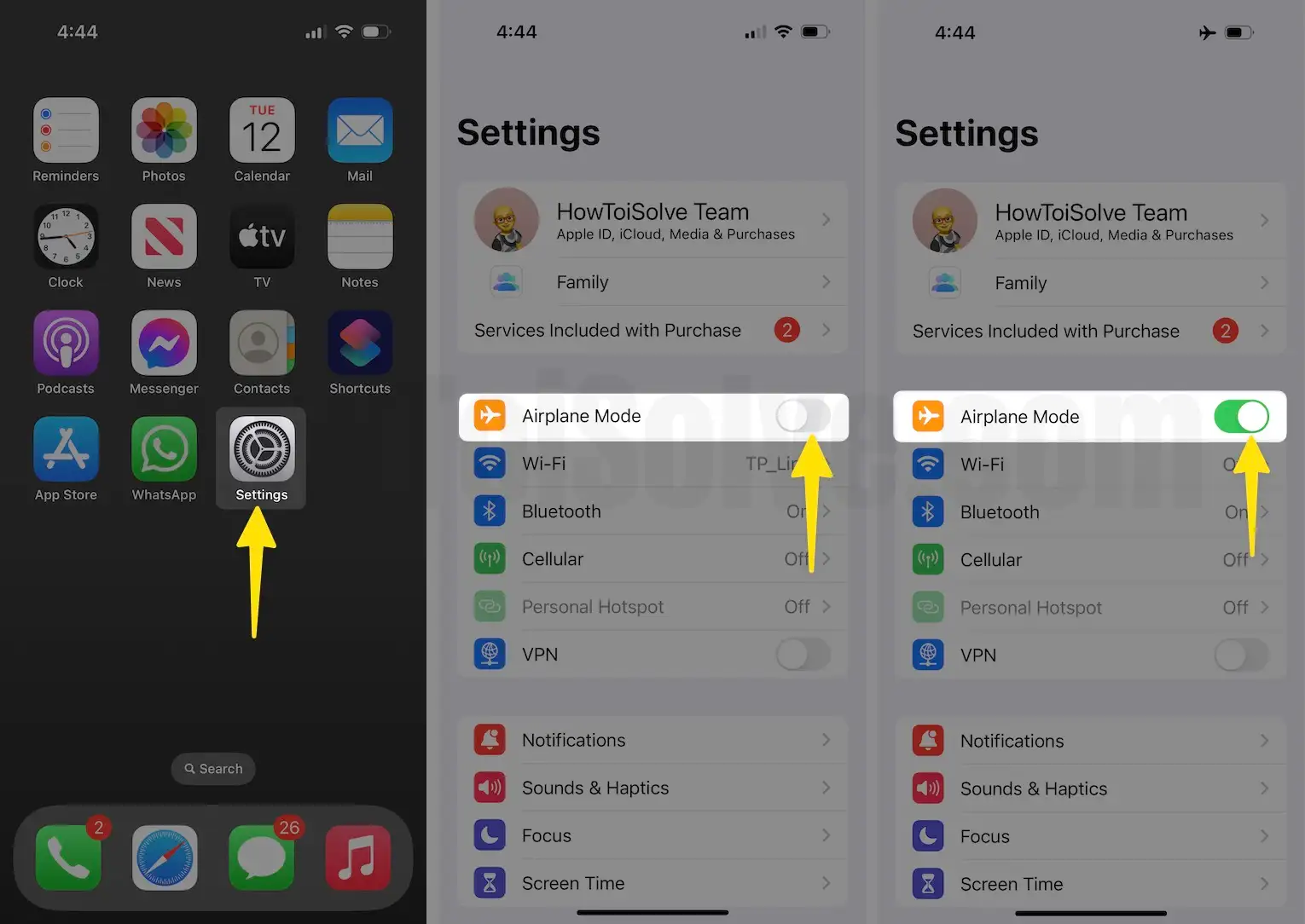 Open the settings toggle ON airplance mode on iPhone