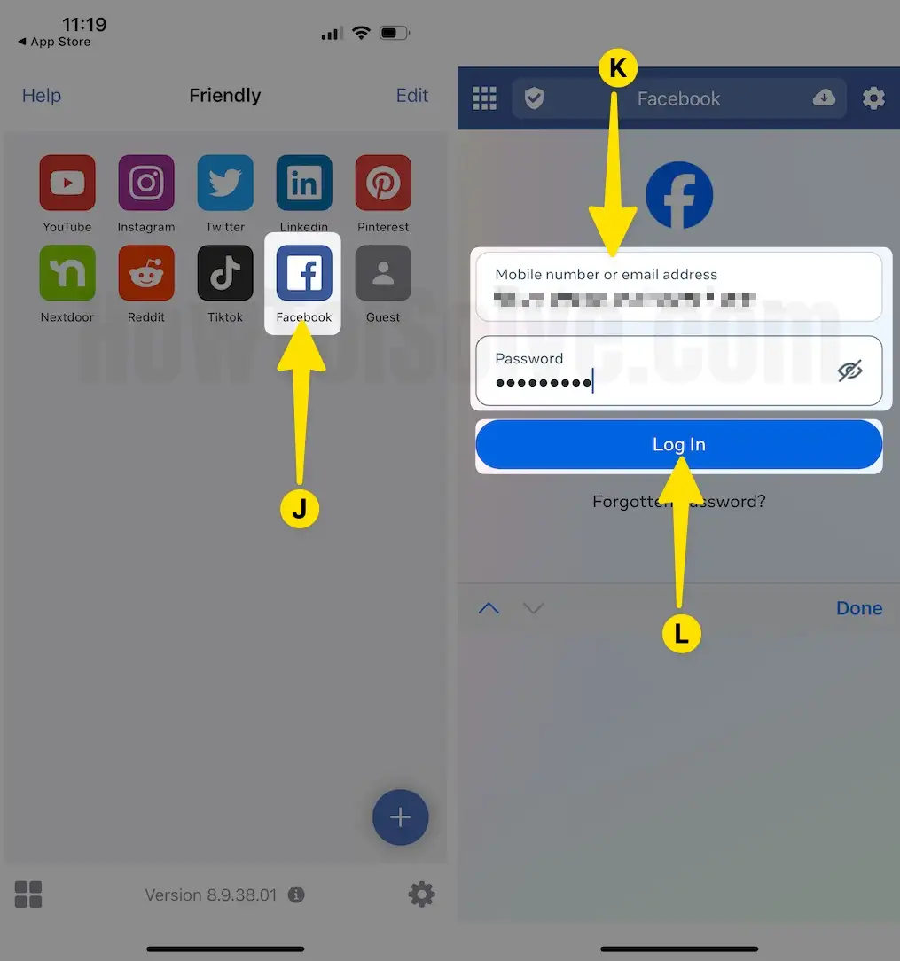 Select Facebook to Log in with Email and Password on iPhone