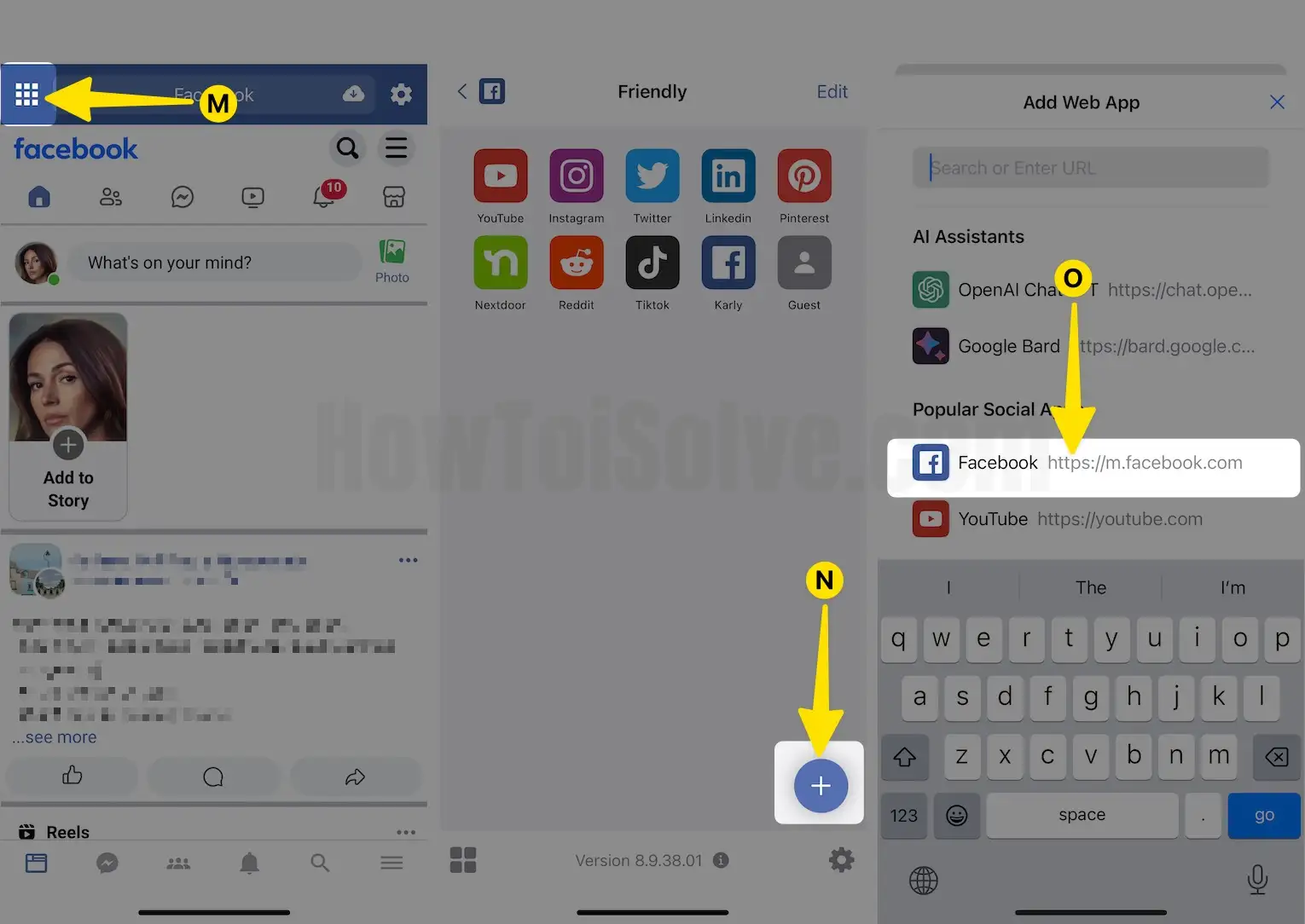 Tap on App Launcher icon Select + icon Search the Facebook on iPhone